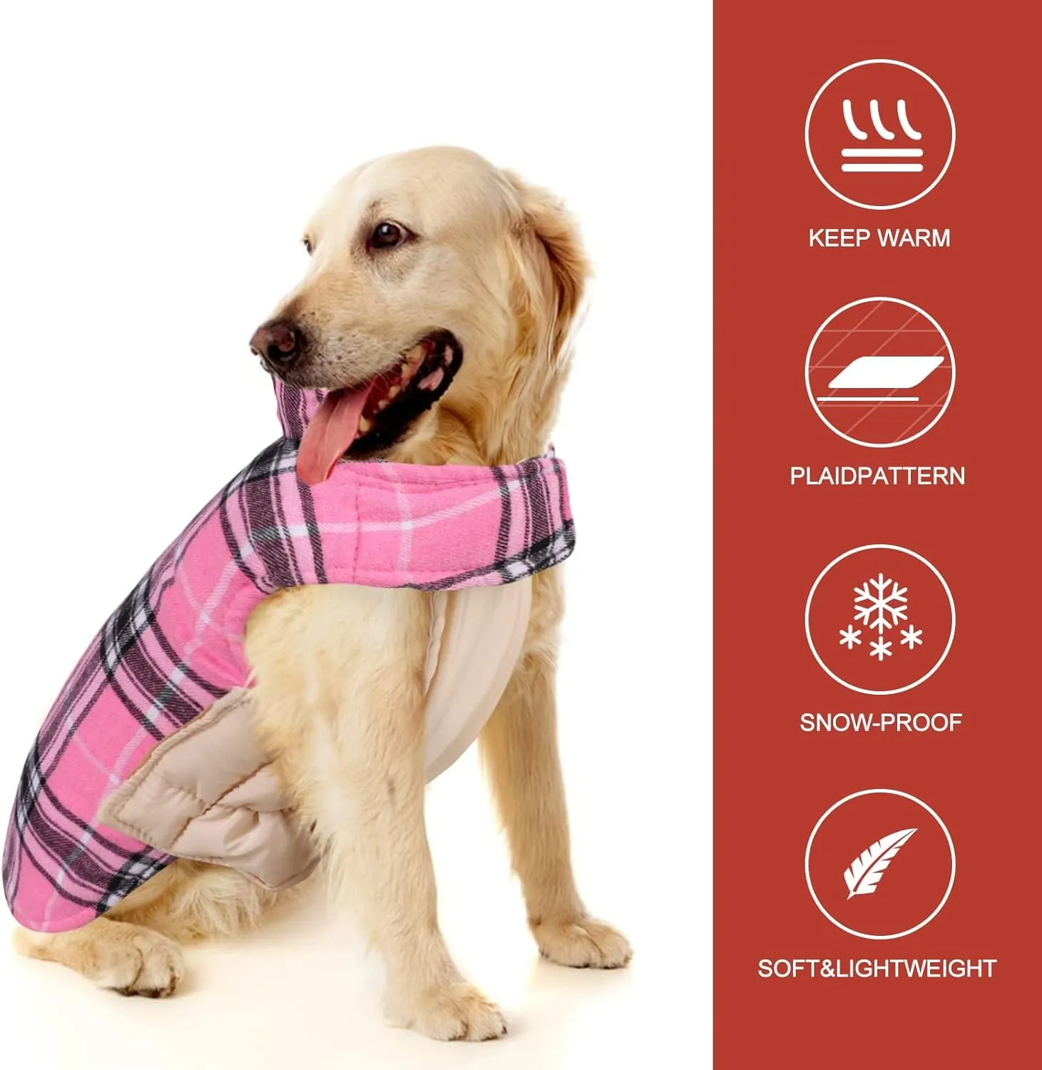 MIGOHI Winter Dog Jackets, Reversible & Windproof, Waterproof, British Plaid Coat for Small to Large Dogs, Pink
