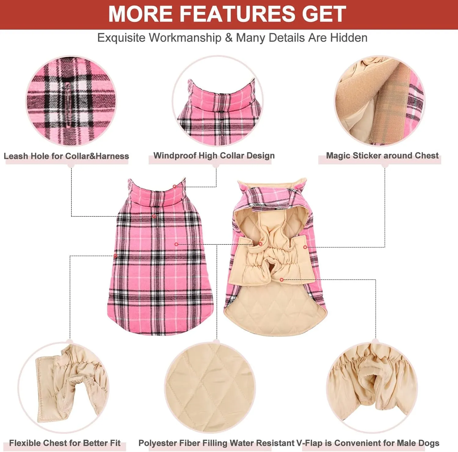 MIGOHI Winter Dog Jackets, Reversible & Windproof, Waterproof, British Plaid Coat for Small to Large Dogs, Pink