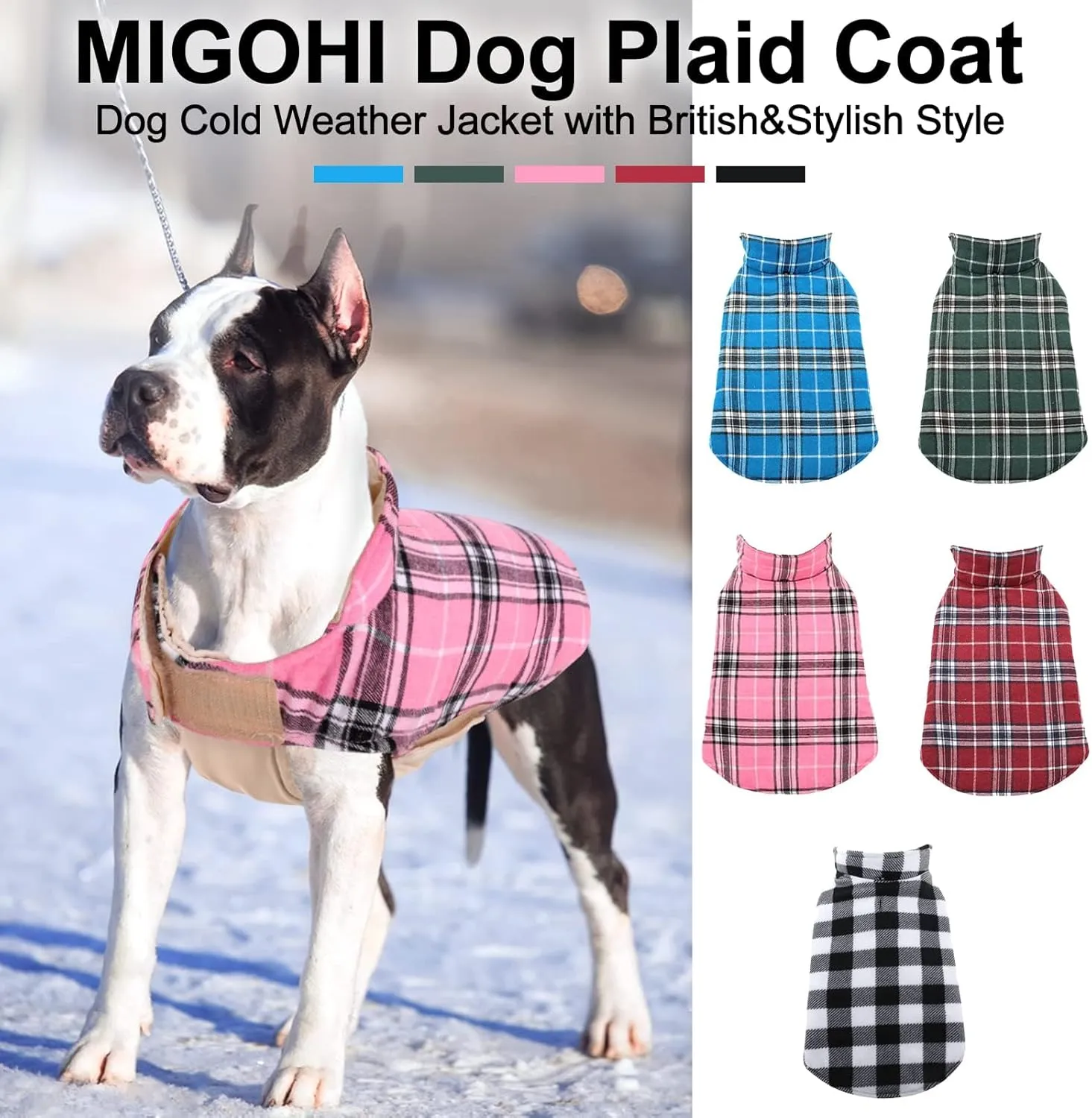 MIGOHI Winter Dog Jackets, Reversible & Windproof, Waterproof, British Plaid Coat for Small to Large Dogs, Pink