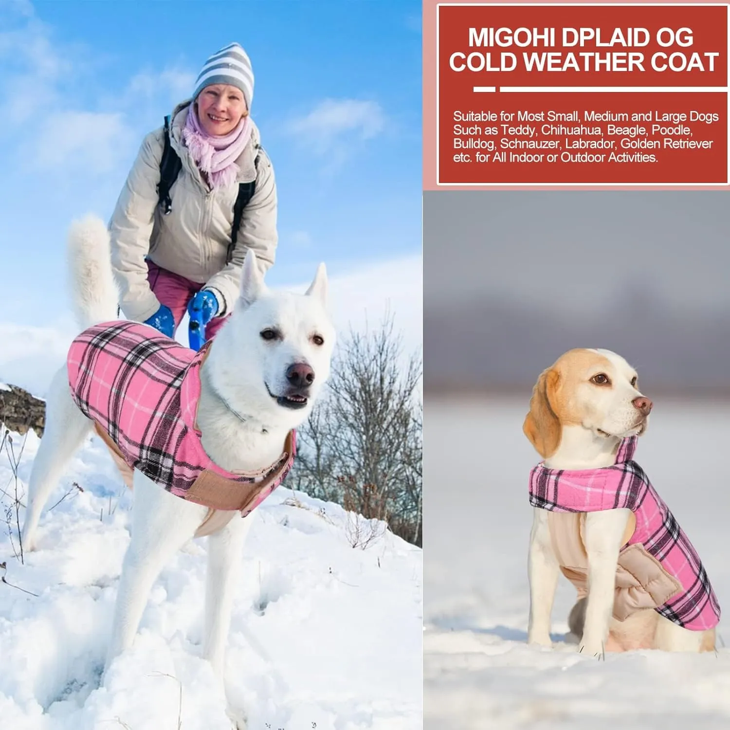 MIGOHI Winter Dog Jackets, Reversible & Windproof, Waterproof, British Plaid Coat for Small to Large Dogs, Pink