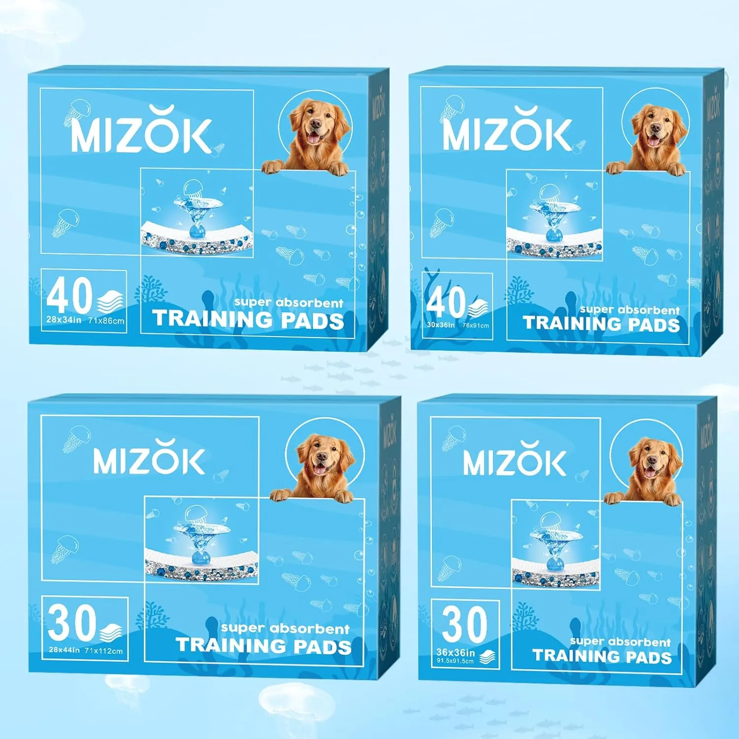 MIZOK Dog Pads Extra Large 30x36in Puppy Pads XL Super Absorbent, Potty Pads with 6-Layer Leak-Proof and Quick-Dry Surface, Wee Wee Pads for Dogs Scented with Jellyfish Pattern(40 Counts)