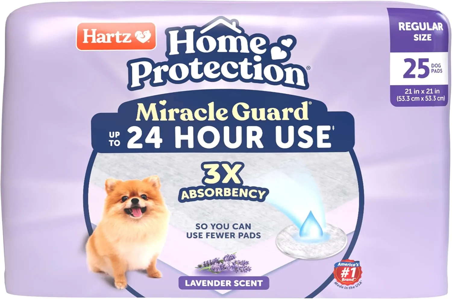 New! Hartz Home Protection Miracle Guard Lavender Scented USA Made Dog Pads, Regular Size 25 Count, 24 Hour Use, Won't Leak and Odor Eliminating