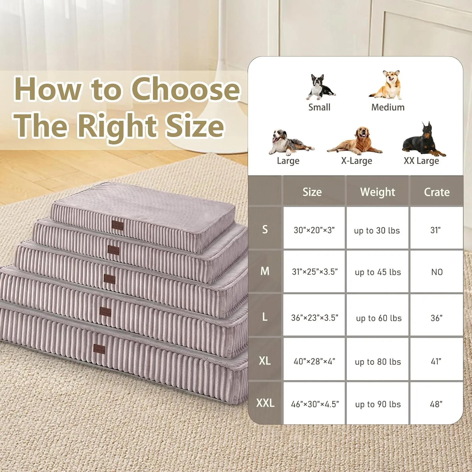 Orthopedic Dog Beds for Large, Medium, Small Dogs - Plush Washable with Egg Crate Foam, Waterproof with Removable Cover & Anti-Slip Bottom, Comfy Striped Dog Bed for Crate, 36x23 Inch, Gray