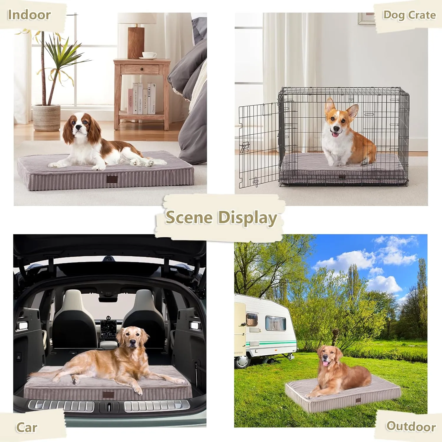 Orthopedic Dog Beds for Large, Medium, Small Dogs - Plush Washable with Egg Crate Foam, Waterproof with Removable Cover & Anti-Slip Bottom, Comfy Striped Dog Bed for Crate, 36x23 Inch, Gray