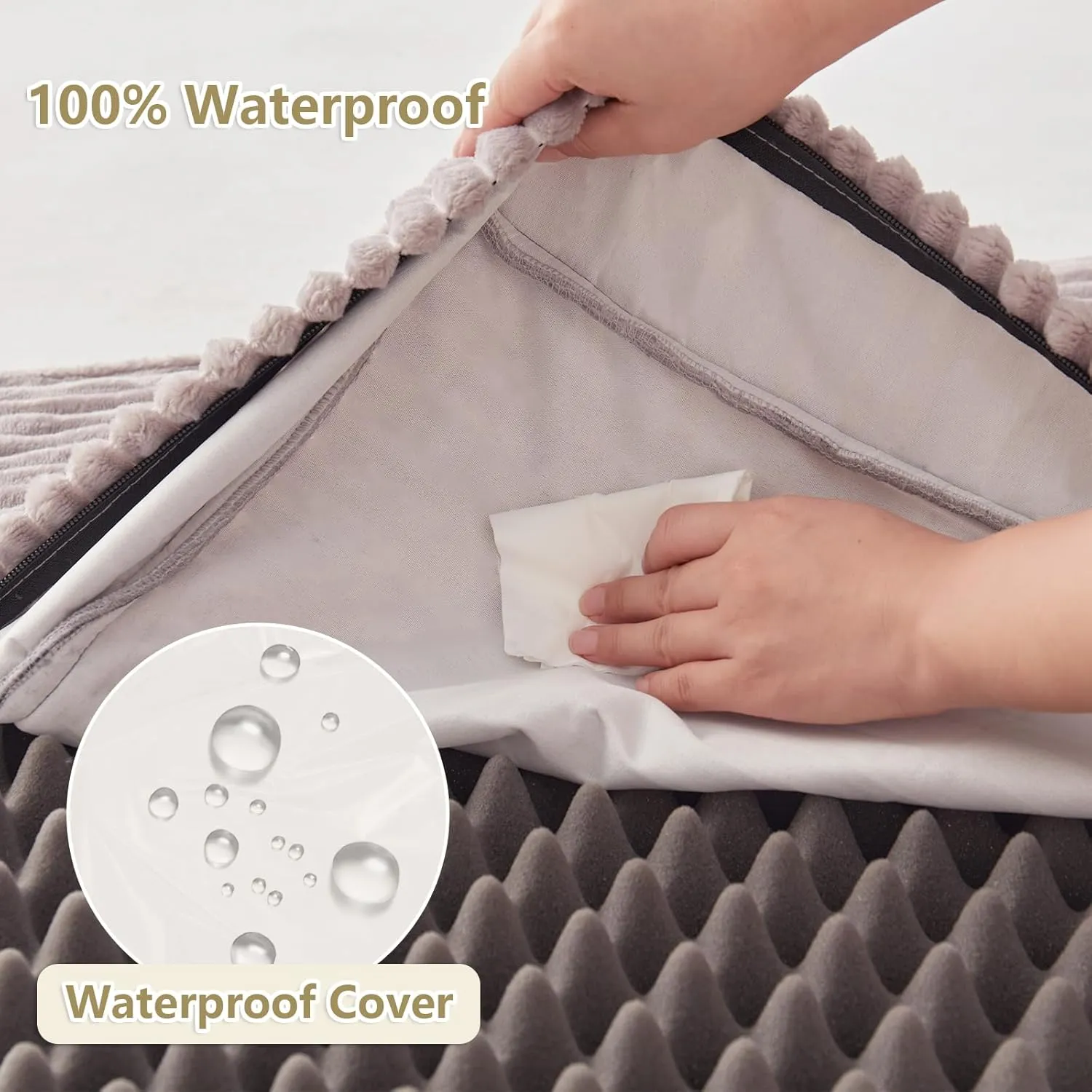 Orthopedic Dog Beds for Large, Medium, Small Dogs - Plush Washable with Egg Crate Foam, Waterproof with Removable Cover & Anti-Slip Bottom, Comfy Striped Dog Bed for Crate, 36x23 Inch, Gray