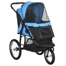 PawHut Pet Stroller for Small and Medium Dogs, 3 Big Wheels Foldable Cat Stroller Jogger with Adjustable Canopy, Safety Tether, Cushion, Storage Basket, Blue