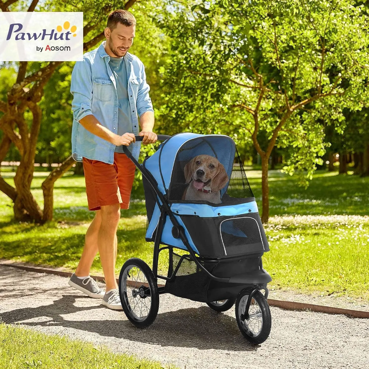 PawHut Pet Stroller for Small and Medium Dogs, 3 Big Wheels Foldable Cat Stroller Jogger with Adjustable Canopy, Safety Tether, Cushion, Storage Basket, Blue