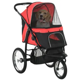 PawHut Pet Stroller for Small and Medium Dogs, 3 Big Wheels Foldable Cat Stroller Jogger with Adjustable Canopy, Safety Tether, Cushion, Storage Basket, Red