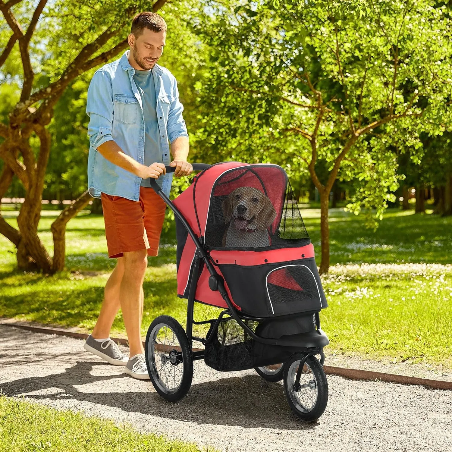 PawHut Pet Stroller for Small and Medium Dogs, 3 Big Wheels Foldable Cat Stroller Jogger with Adjustable Canopy, Safety Tether, Cushion, Storage Basket, Red