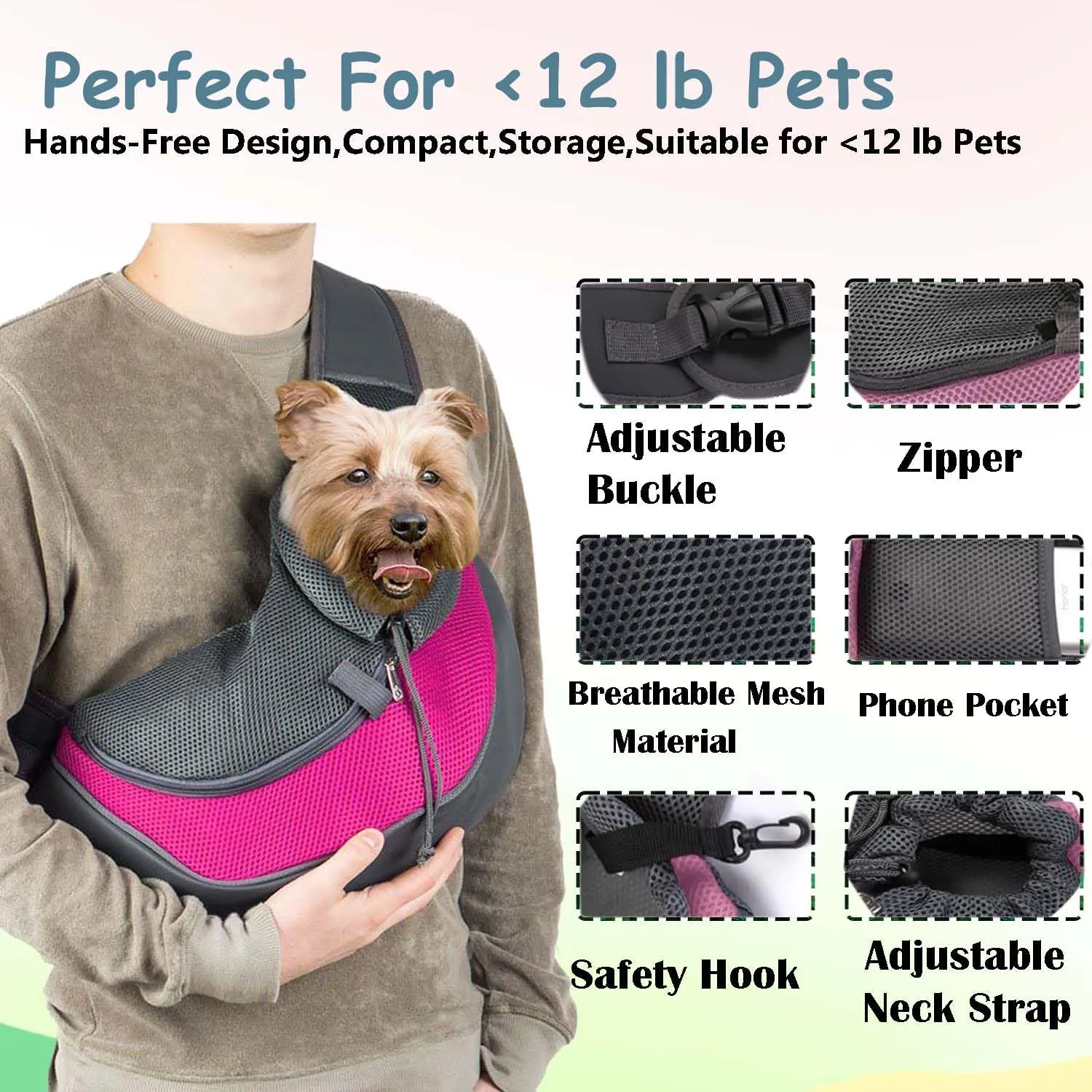 Pet Dog Sling Carrier Puppy Pet Slings Bag for Small Dogs Cats Satchel Carriers Breathable Mesh Hand Free with Adjustable Strap Doggie Crossbody for Outdoor Travel (Pink, Large 5-12 lbs)