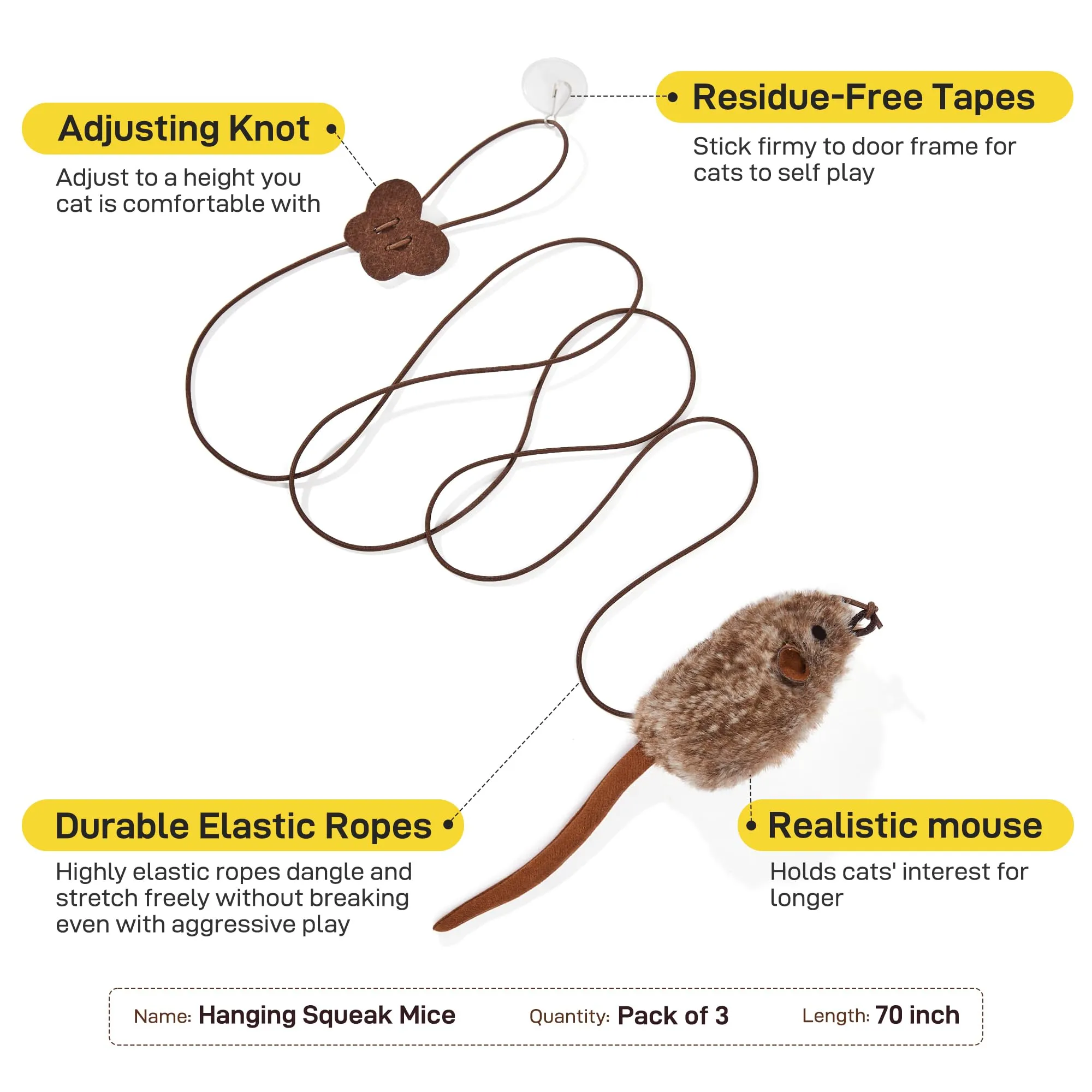Potaroma Hanging Cat Mice Toys 3 Pcs with Squeaky Sound