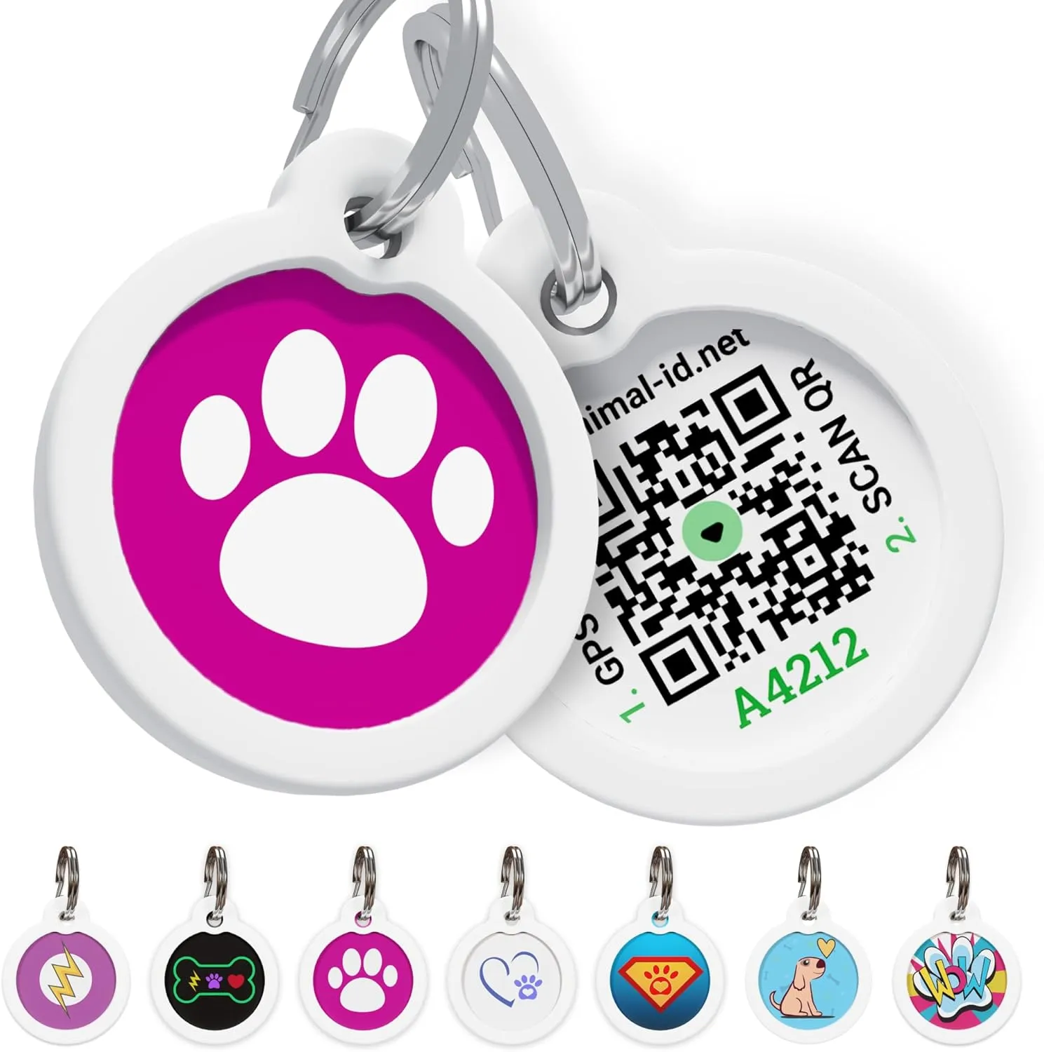 QR Code Dog Tag Silent Id Pet Tags Personalized Name Plate with Online Profile (Large, Pink Paw)