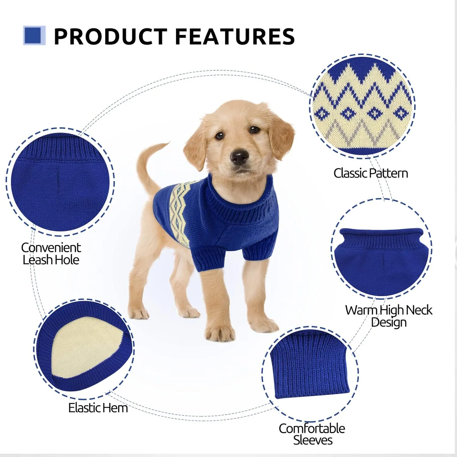 Queenmore Warm Dog Sweater, Soft Pet Knitwear, Knitted Pullover, Winter Pet Clothes for Small Medium Dogs Cats Blue