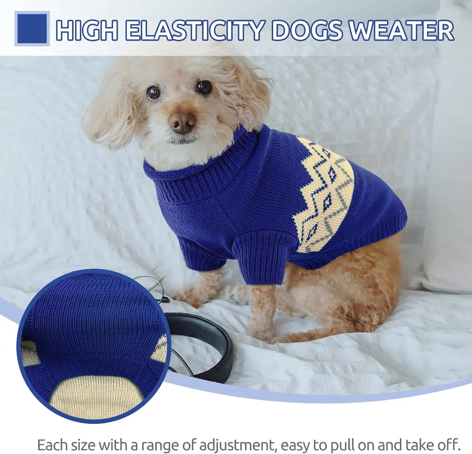 Queenmore Warm Dog Sweater, Soft Pet Knitwear, Knitted Pullover, Winter Pet Clothes for Small Medium Dogs Cats Blue