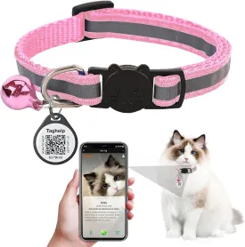 Reflective Cat Collar Breakaway with QR Code Tag for Girl Boy cat Name tag Kitten Collars with Bell Cat ID Tag Personalized Real-time scan alerts. (Pink)