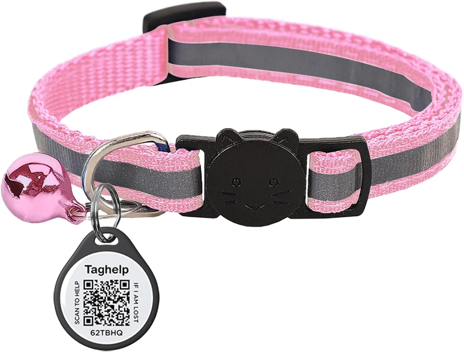 Reflective Cat Collar Breakaway with QR Code Tag for Girl Boy cat Name tag Kitten Collars with Bell Cat ID Tag Personalized Real-time scan alerts. (Pink)