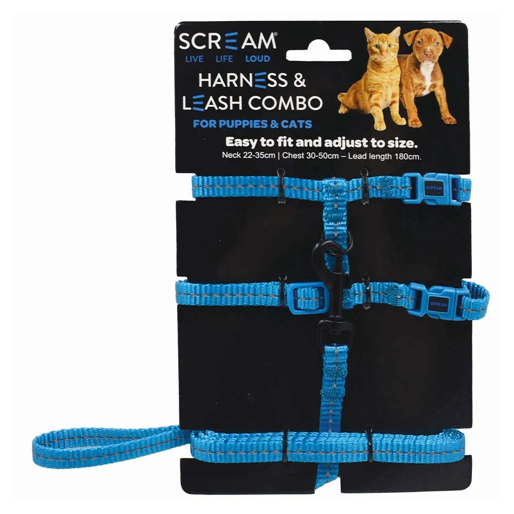 Scream Reflective Adjustable Nylon Cat/Puppy Harness & Leash Combo
