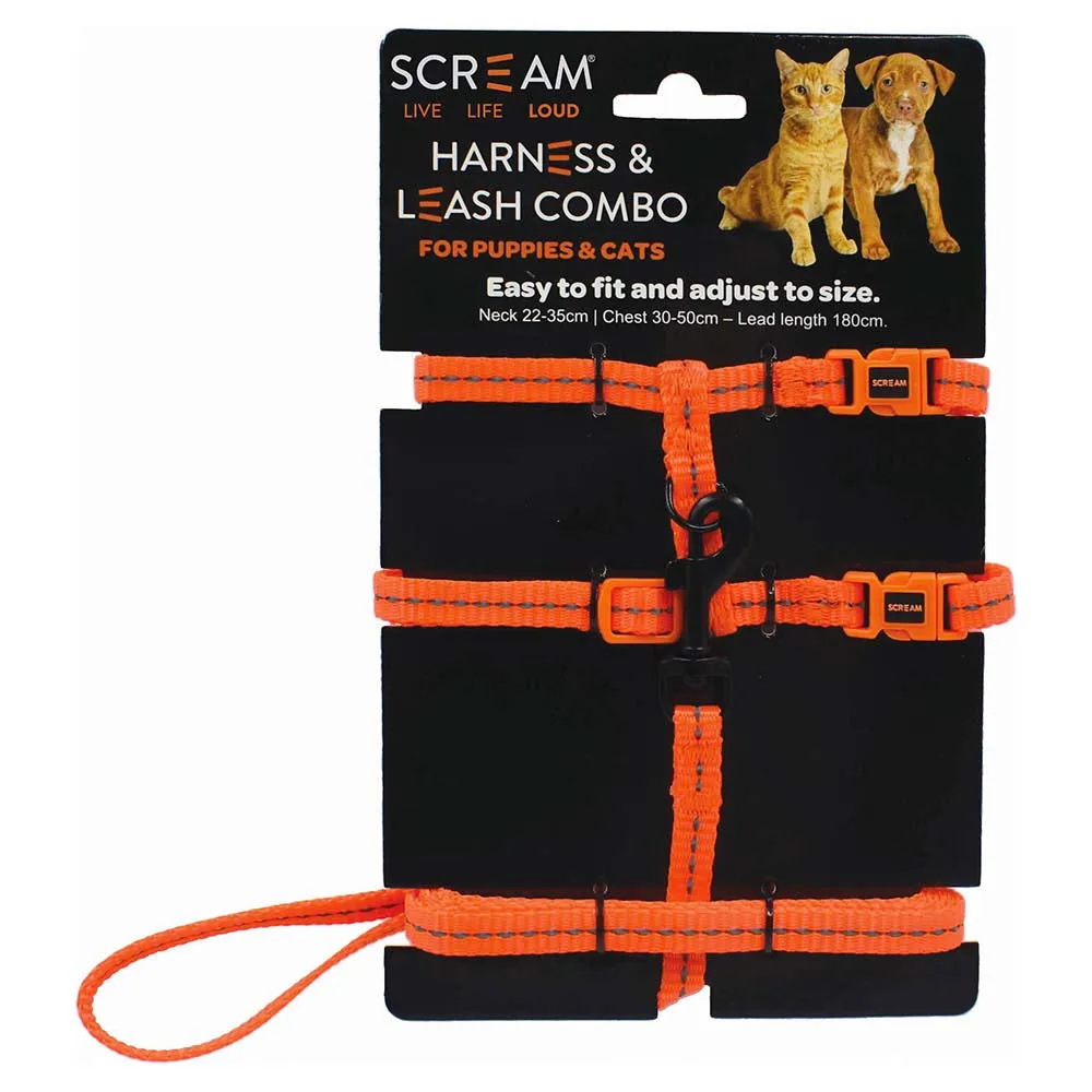 Scream Reflective Adjustable Nylon Cat/Puppy Harness & Leash Combo