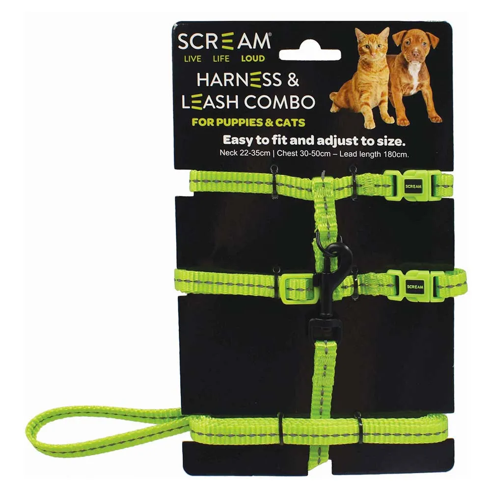 Scream Reflective Adjustable Nylon Cat/Puppy Harness & Leash Combo