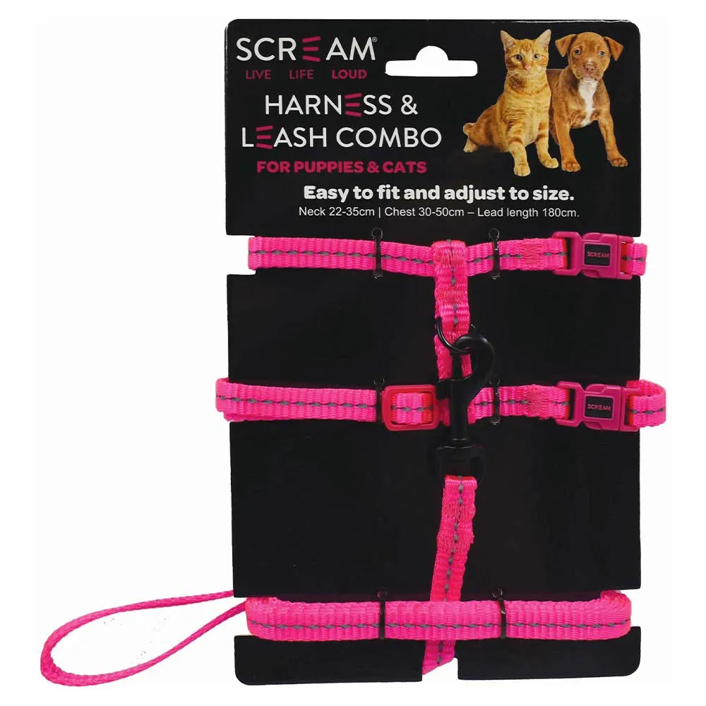 Scream Reflective Adjustable Nylon Cat/Puppy Harness & Leash Combo