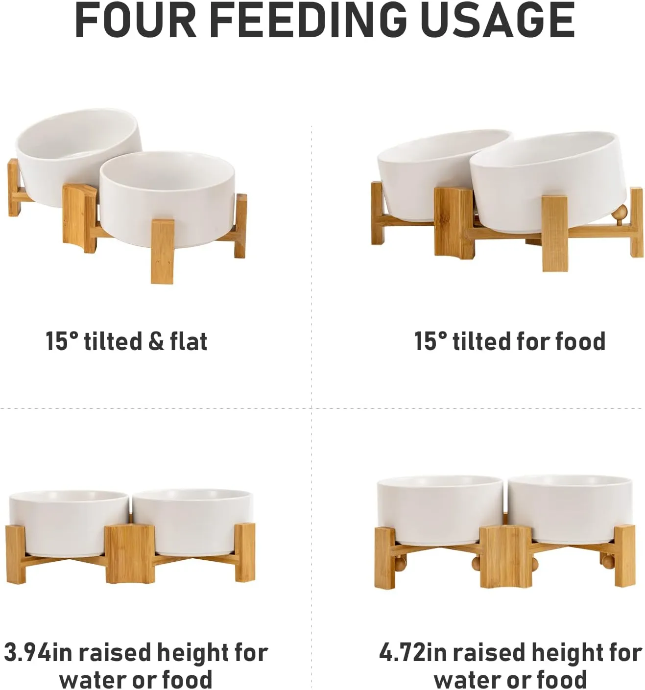 SPUNKYJUNKY 15 Slanted Ceramic Dog and Cat Bowl with Wooden Stand, Tilted Bulldog Food and Water Bowl No Slip Non-Spill for Cats Medium Dogs Big Face Pets 28.7 OZ (3.6 Cups, White  2)