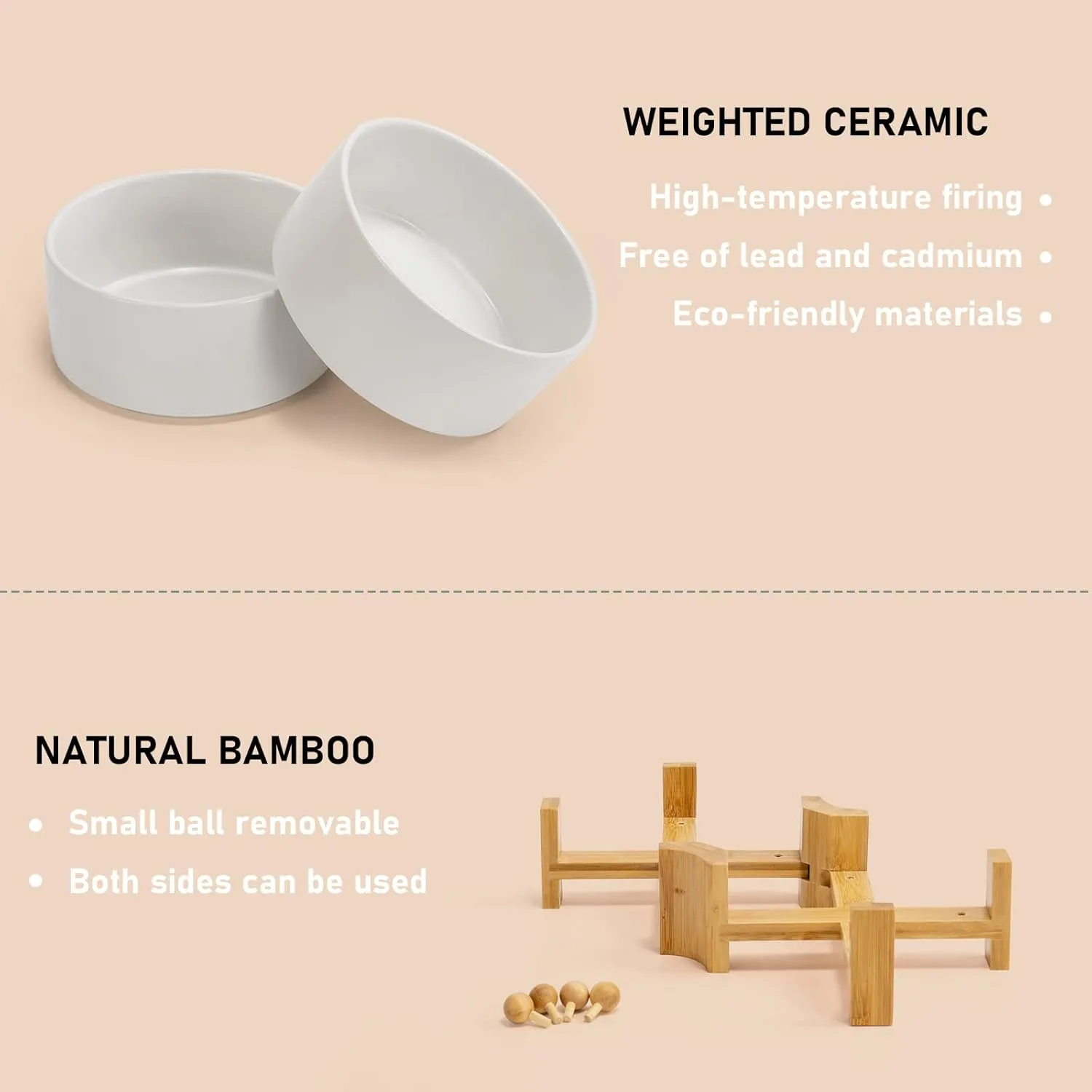 SPUNKYJUNKY 15 Slanted Ceramic Dog and Cat Bowl with Wooden Stand, Tilted Bulldog Food and Water Bowl No Slip Non-Spill for Cats Medium Dogs Big Face Pets 28.7 OZ (3.6 Cups, White  2)