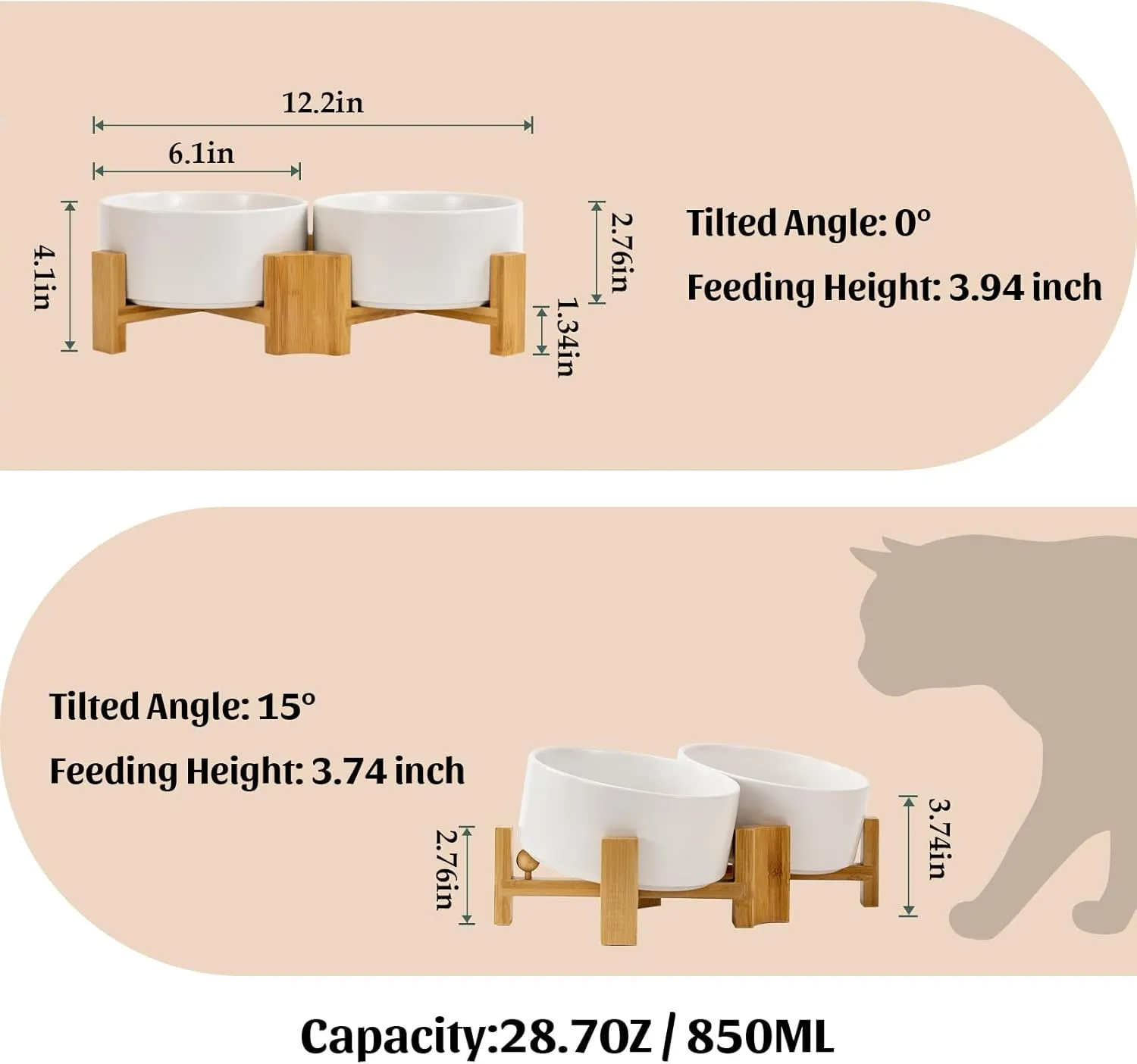 SPUNKYJUNKY 15 Slanted Ceramic Dog and Cat Bowl with Wooden Stand, Tilted Bulldog Food and Water Bowl No Slip Non-Spill for Cats Medium Dogs Big Face Pets 28.7 OZ (3.6 Cups, White  2)