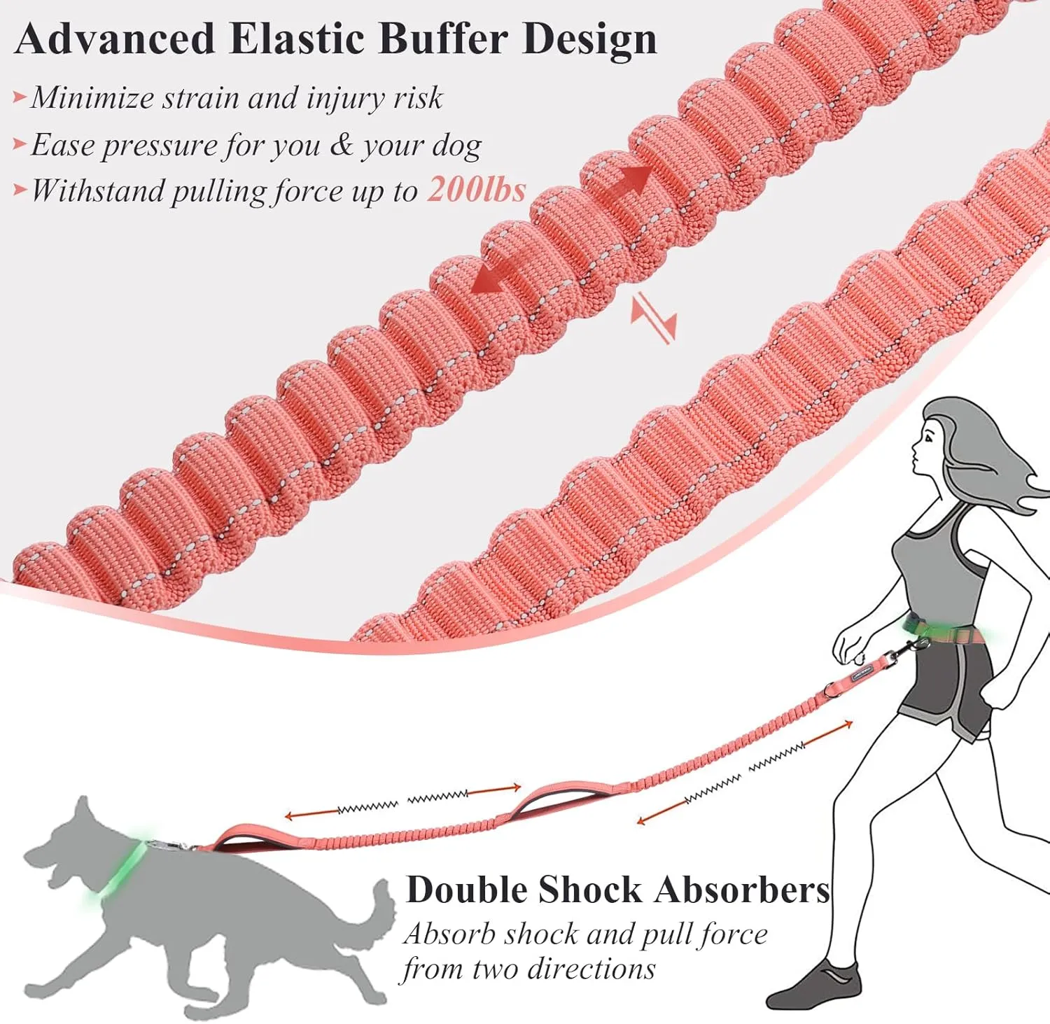 VIVAGLORY Hands Free Dog Leash with Dual Advanced Anti-Shock Bungees and Padded Handles, Reflective Waist Running Leash with Adjustable Belt for Training Jogging Medium Large Dogs
