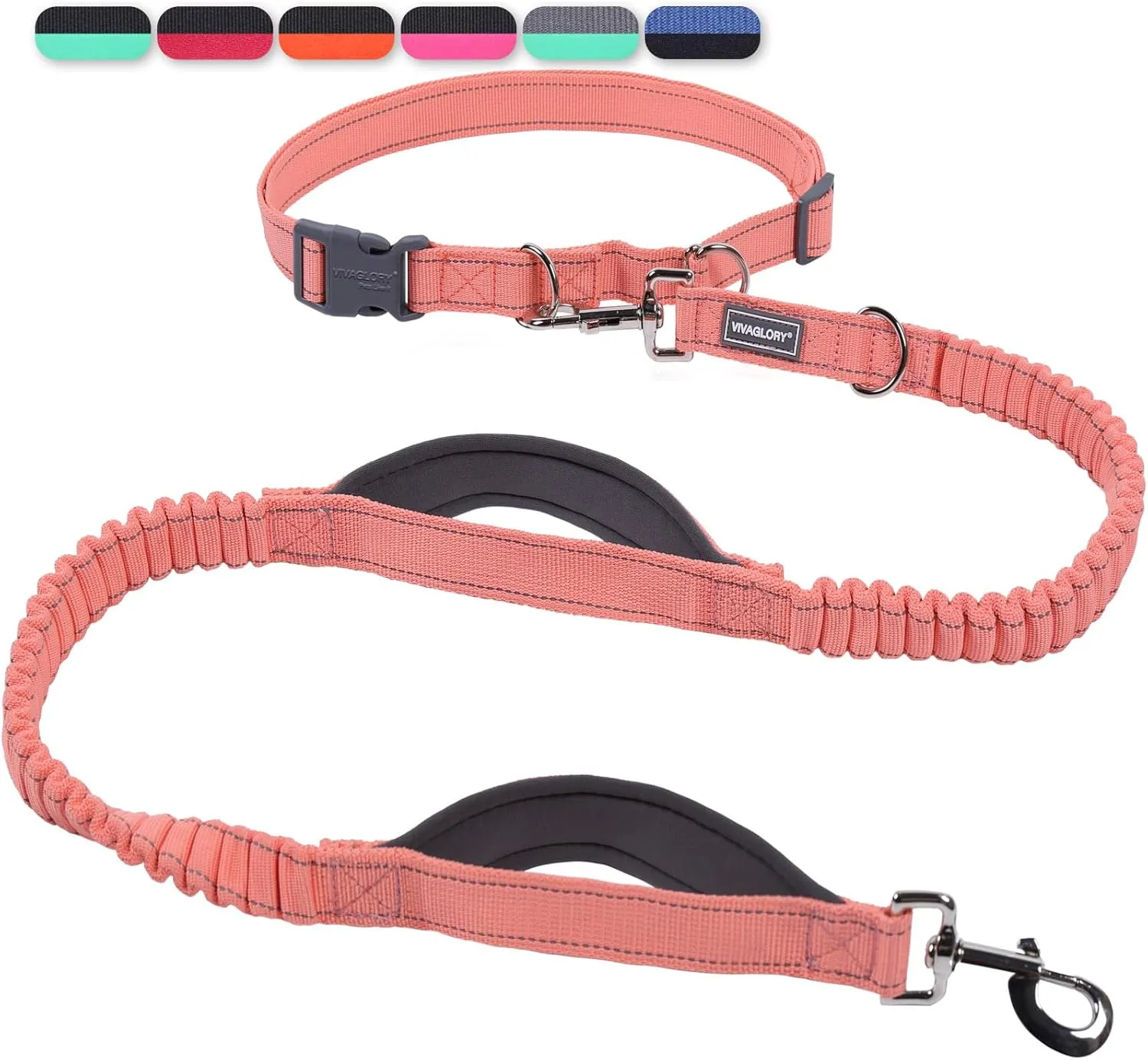 VIVAGLORY Hands Free Dog Leash with Dual Advanced Anti-Shock Bungees and Padded Handles, Reflective Waist Running Leash with Adjustable Belt for Training Jogging Medium Large Dogs