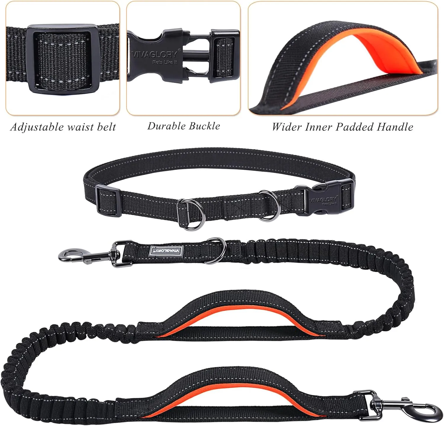 VIVAGLORY Hands Free Dog Leash with Dual Bungees Two Padded Handle Reflective Waist Running Leash with Adjustable Belt Medium Large Dogs for Training Jogging, Black/Orange, S