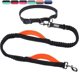 VIVAGLORY Hands Free Dog Leash with Dual Bungees Two Padded Handle Reflective Waist Running Leash with Adjustable Belt Medium Large Dogs for Training Jogging, Black/Orange, S