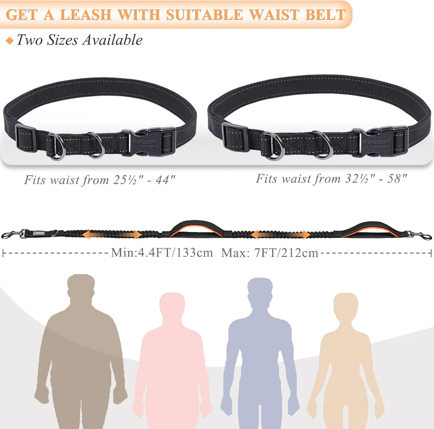 VIVAGLORY Hands Free Dog Leash with Dual Bungees Two Padded Handle Reflective Waist Running Leash with Adjustable Belt Medium Large Dogs for Training Jogging, Black/Orange, S