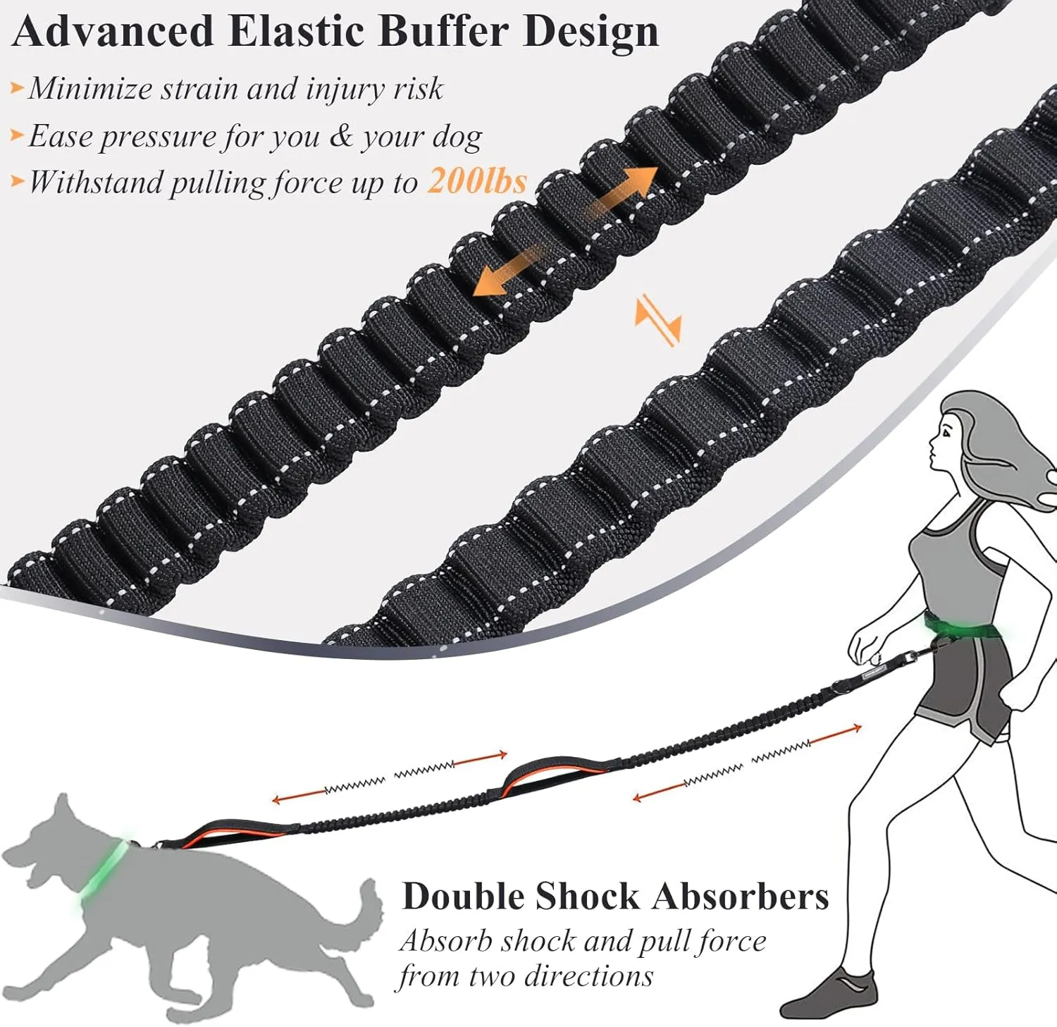 VIVAGLORY Hands Free Dog Leash with Dual Bungees Two Padded Handle Reflective Waist Running Leash with Adjustable Belt Medium Large Dogs for Training Jogging, Black/Orange, S