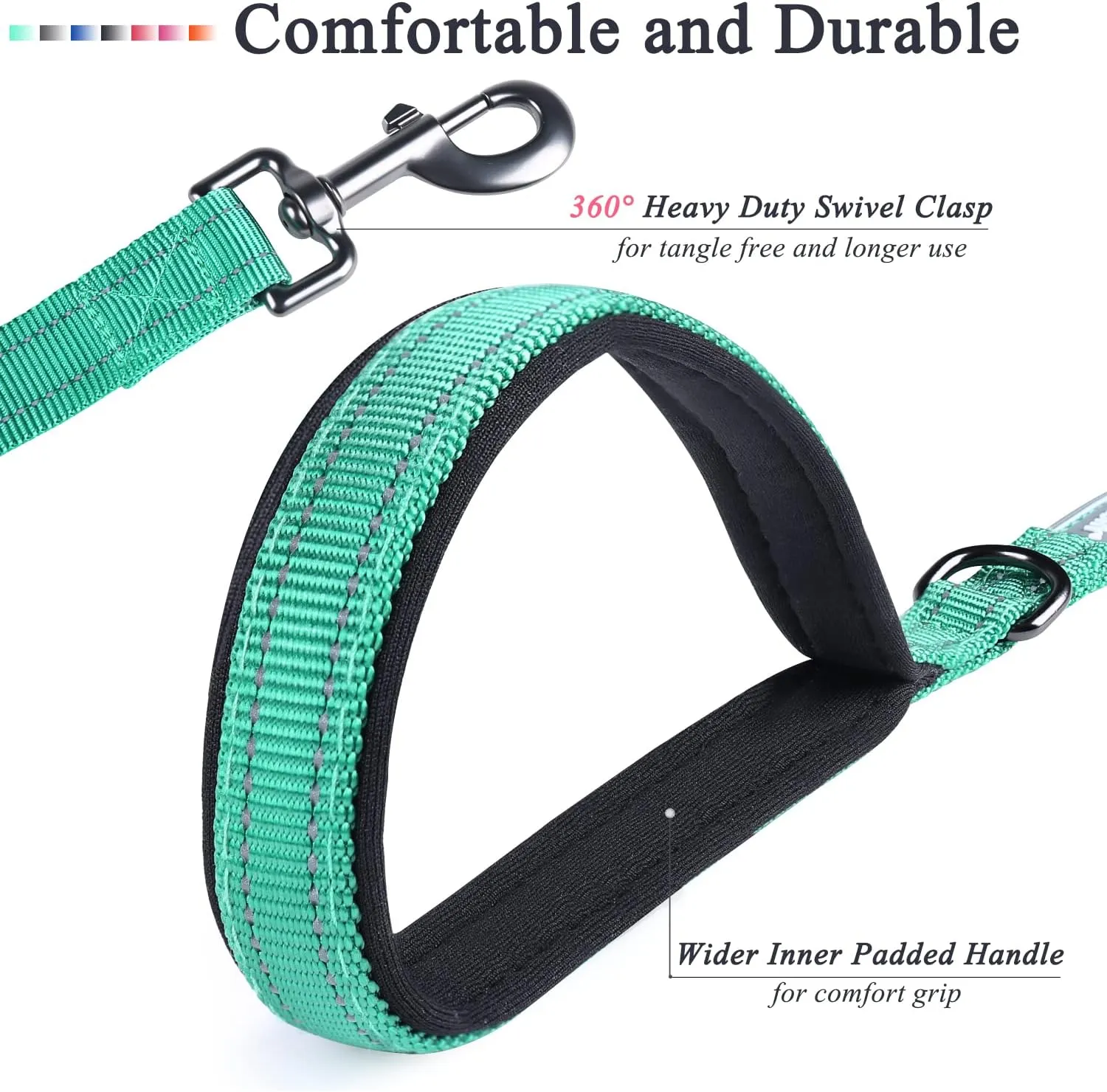 VIVAGLORY Traffic Handle Dog Leash, Two Padded Soft Handles Dog Leash, Strong Reflective & Metal Hook Training Pet Lead, Turquoise