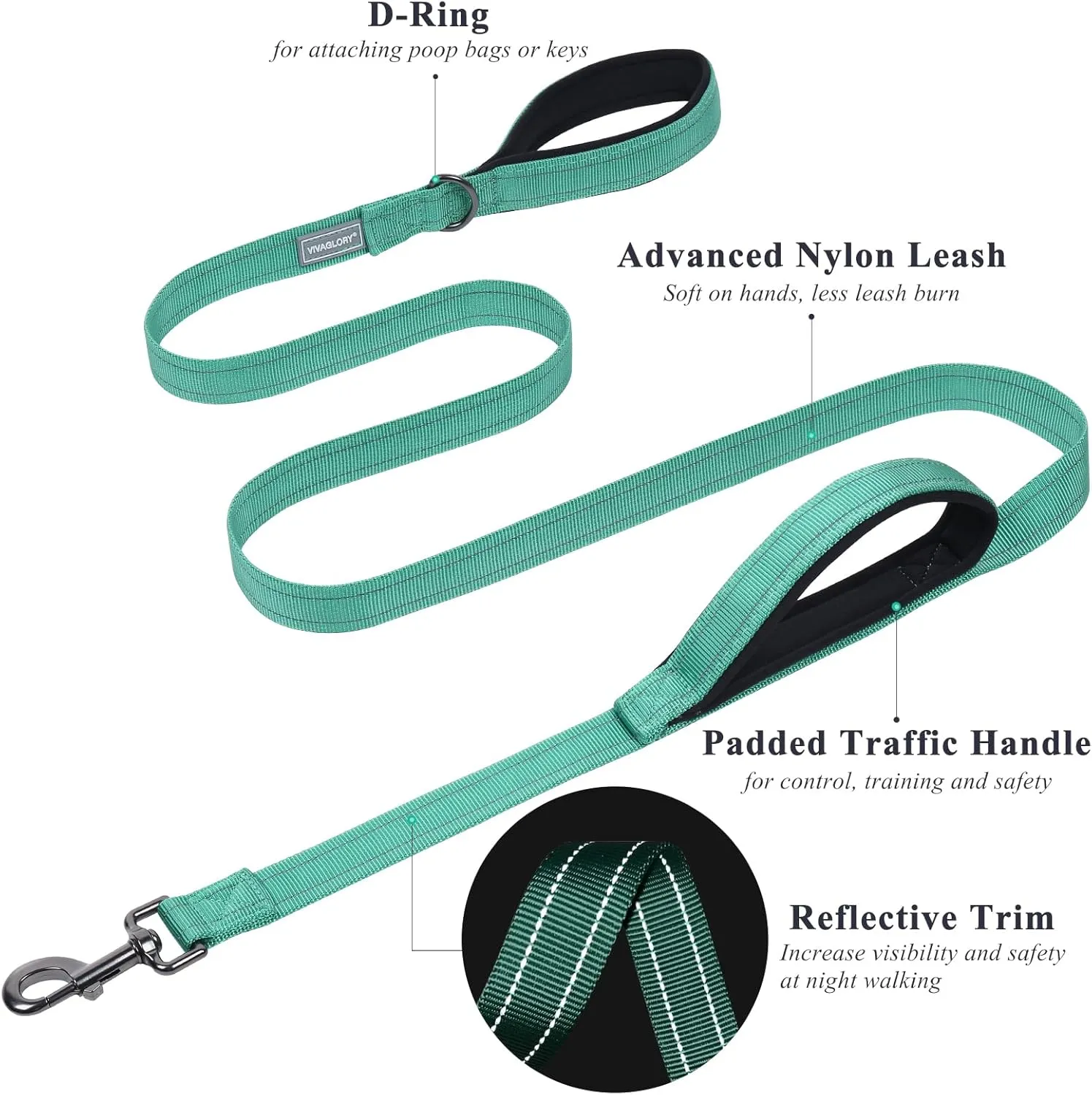 VIVAGLORY Traffic Handle Dog Leash, Two Padded Soft Handles Dog Leash, Strong Reflective & Metal Hook Training Pet Lead, Turquoise