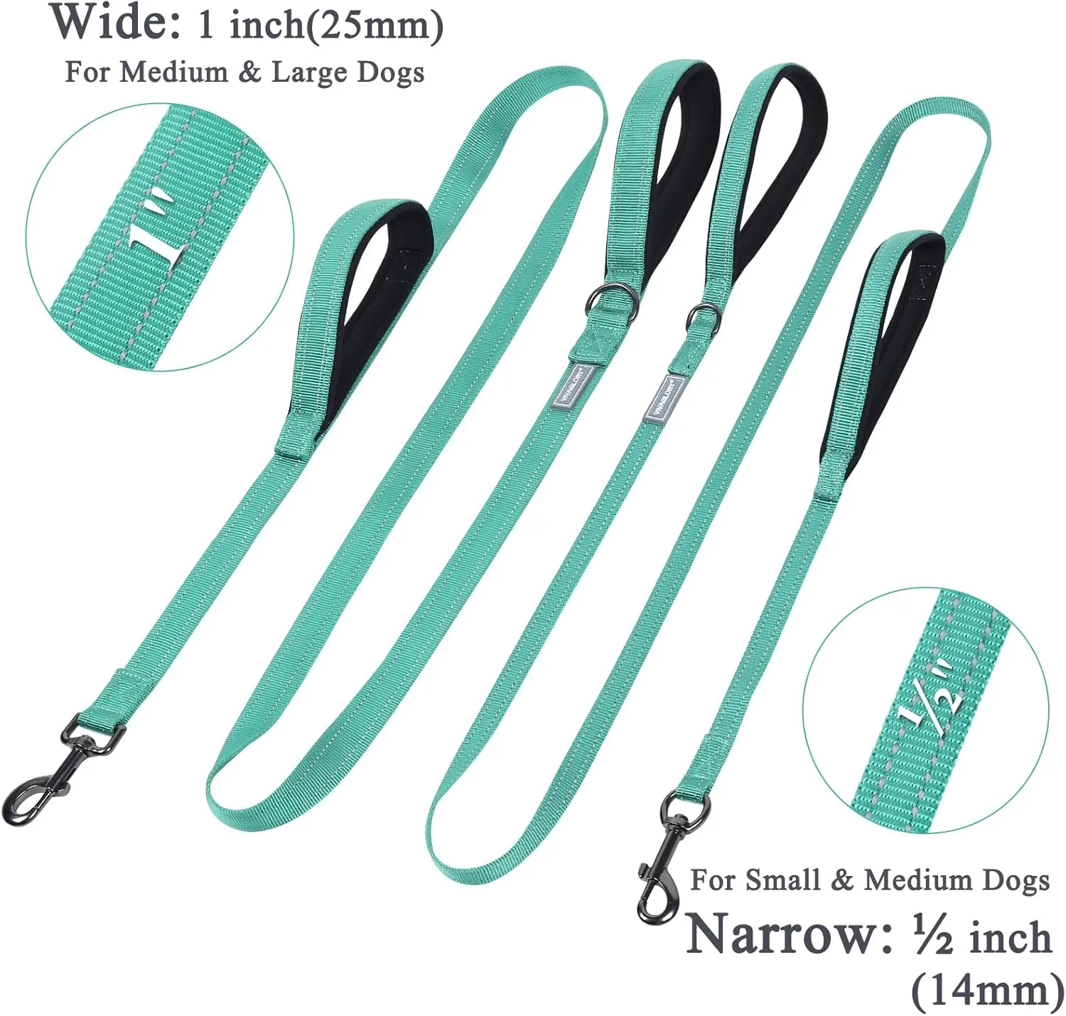VIVAGLORY Traffic Handle Dog Leash, Two Padded Soft Handles Dog Leash, Strong Reflective & Metal Hook Training Pet Lead, Turquoise