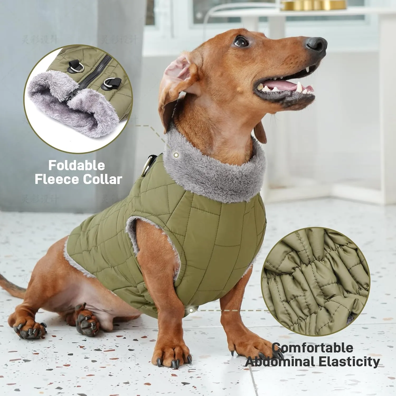 Warm Fleece Dog Coats with Durable Harness Buitl in D-Ring,Waterproof Doggie Jacket for Large Dogs,Dog Vest for Cold Winter,Green XXL