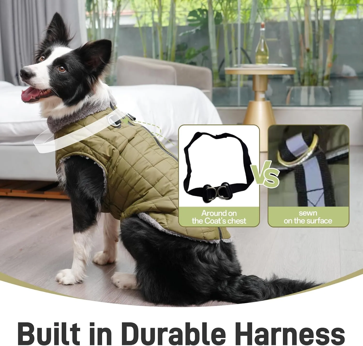 Warm Fleece Dog Coats with Durable Harness Buitl in D-Ring,Waterproof Doggie Jacket for Large Dogs,Dog Vest for Cold Winter,Green XXL