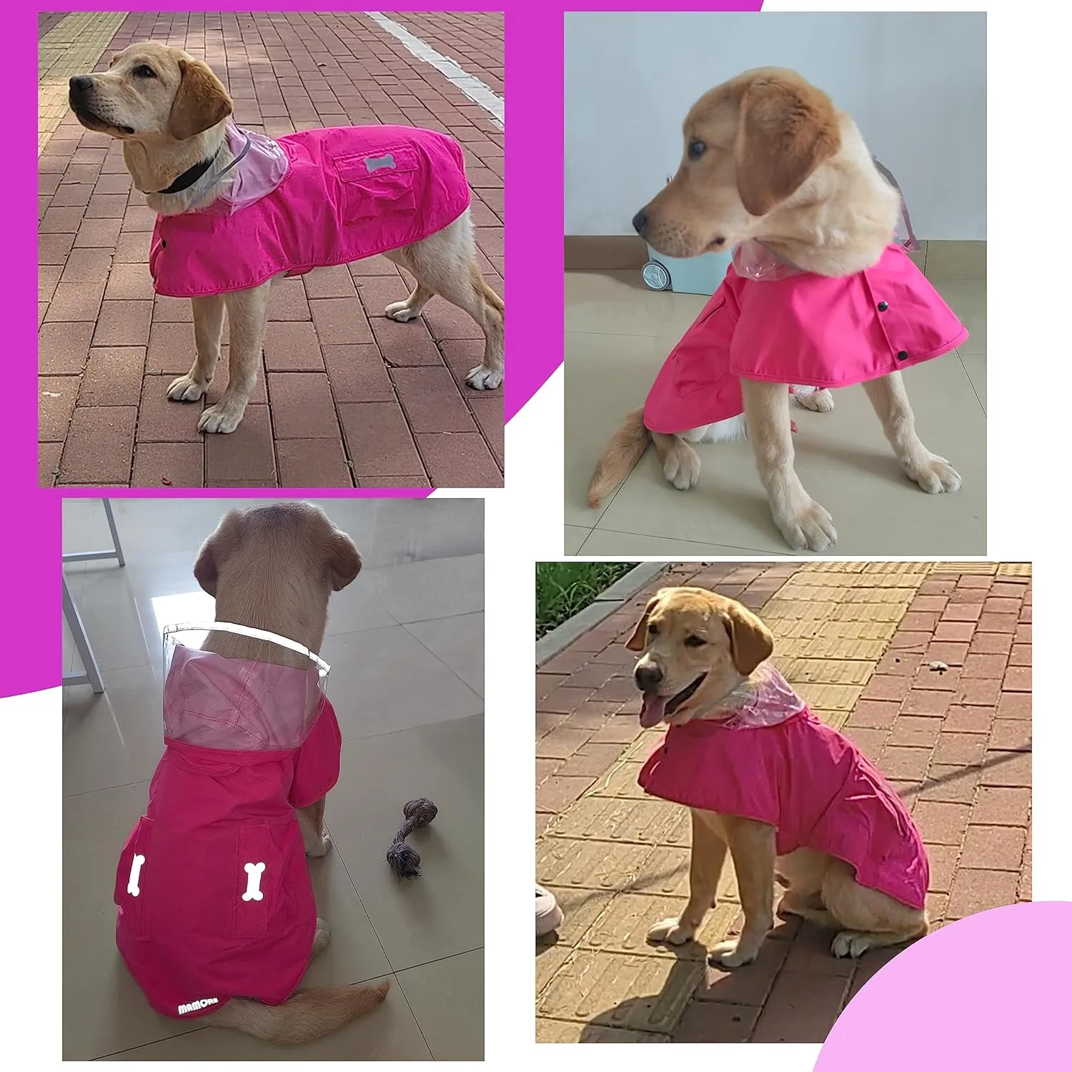 Waterproof Dog Raincoat, Adjustable Reflective Lightweight Pet Rain Clothes with Poncho Hood (X-Small, Dark Pink)