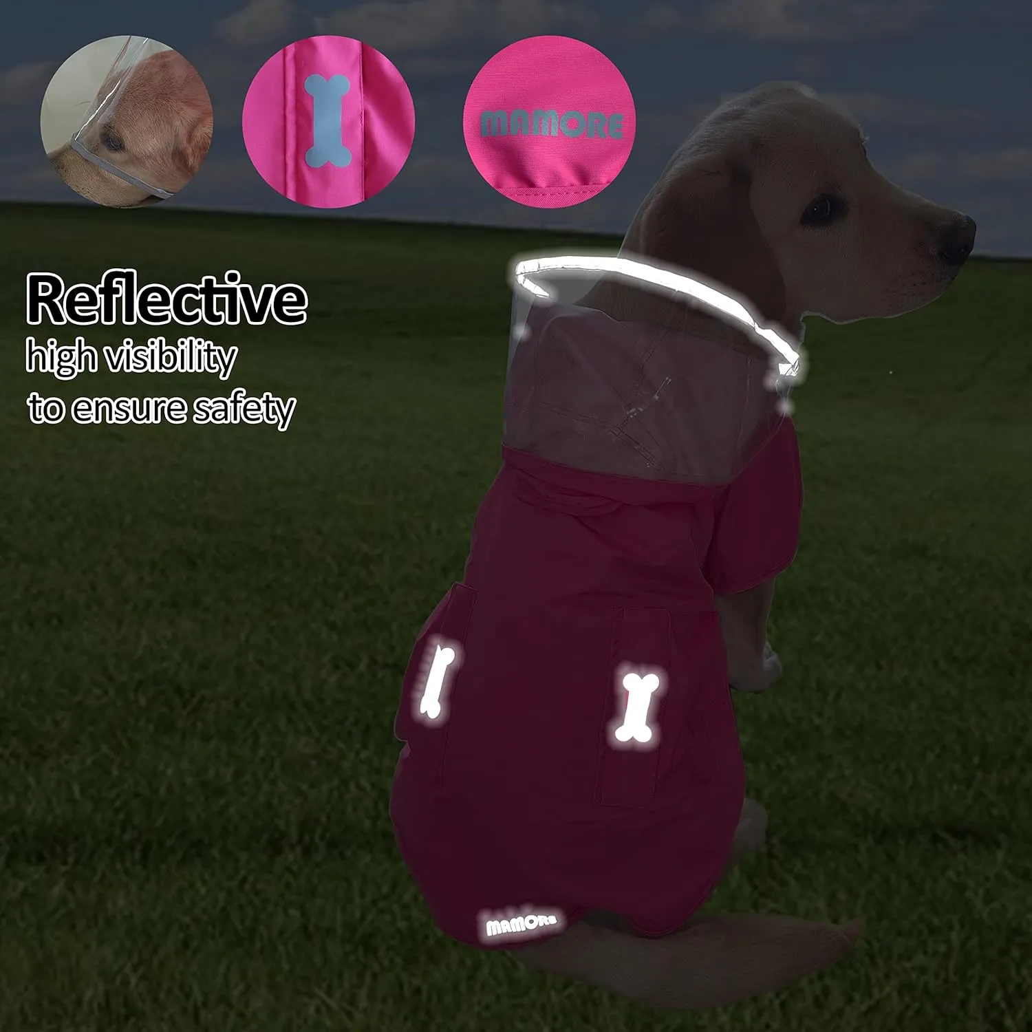 Waterproof Dog Raincoat, Adjustable Reflective Lightweight Pet Rain Clothes with Poncho Hood (X-Small, Dark Pink)