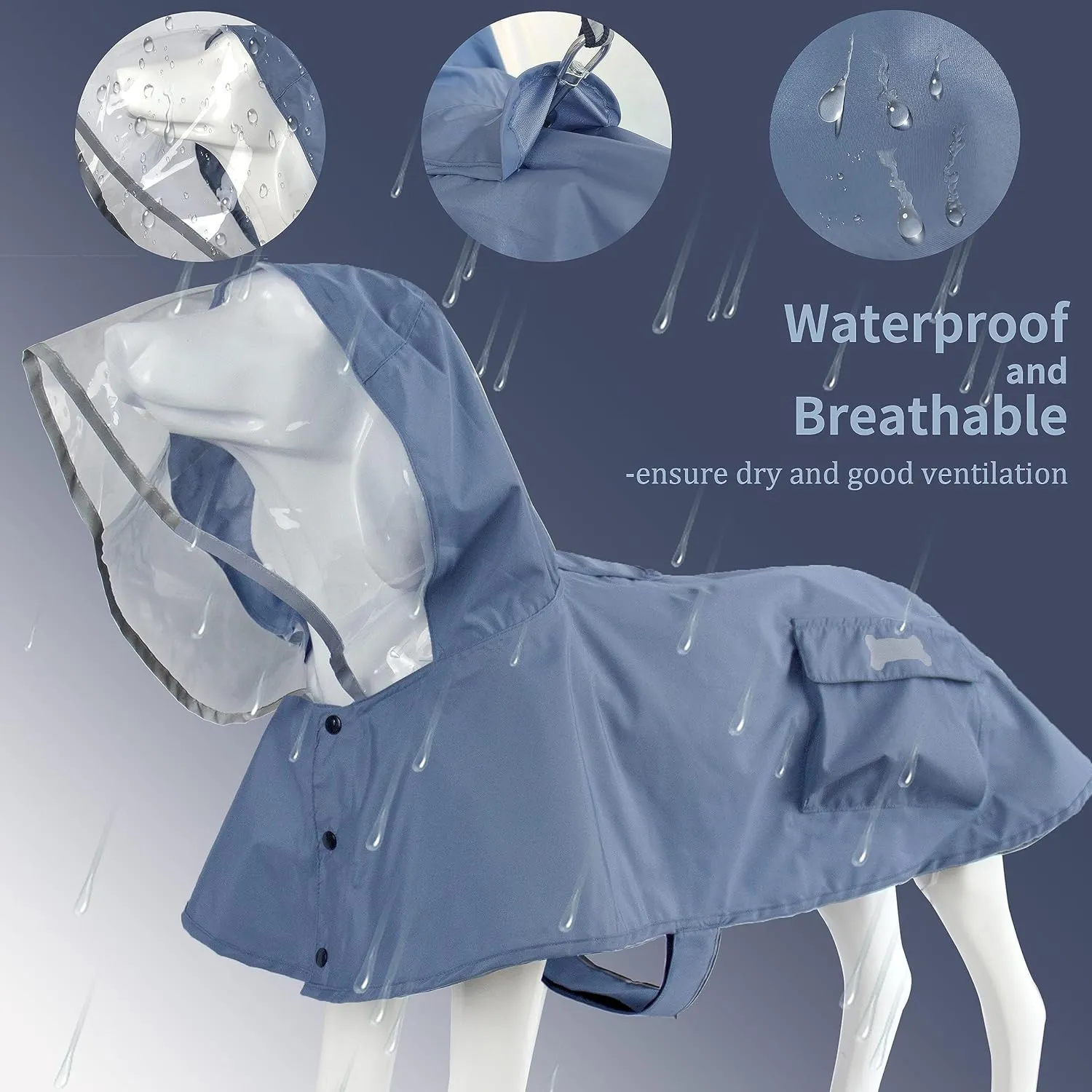 Waterproof Dog Raincoat, Adjustable Reflective Lightweight Pet Rain Clothes with Poncho Hood(Medium, Blue&Grey)