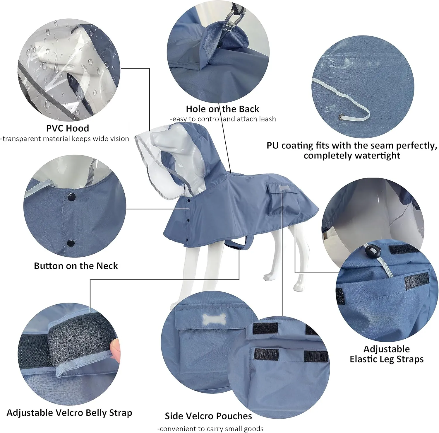 Waterproof Dog Raincoat, Adjustable Reflective Lightweight Pet Rain Clothes with Poncho Hood(Medium, Blue&Grey)