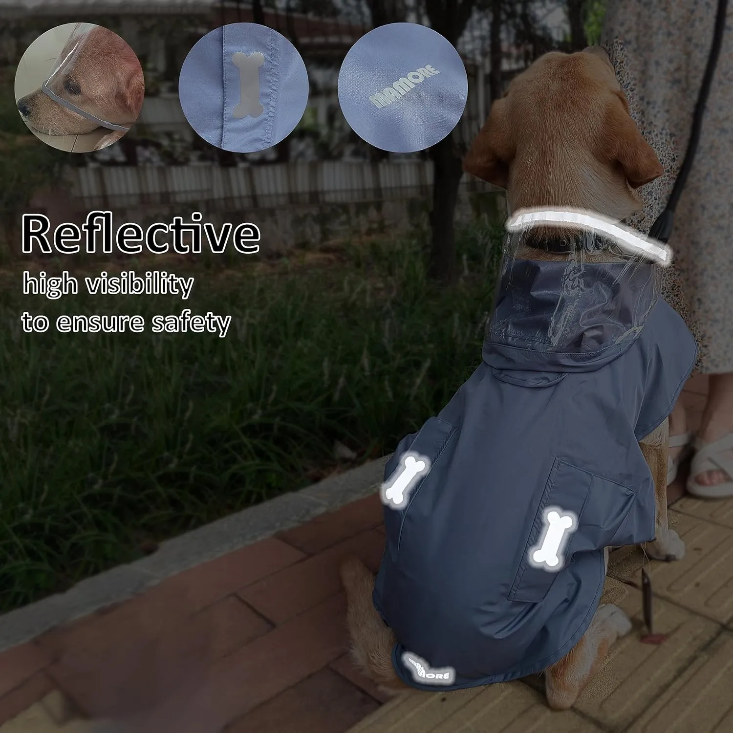 Waterproof Dog Raincoat, Adjustable Reflective Lightweight Pet Rain Clothes with Poncho Hood(Medium, Blue&Grey)