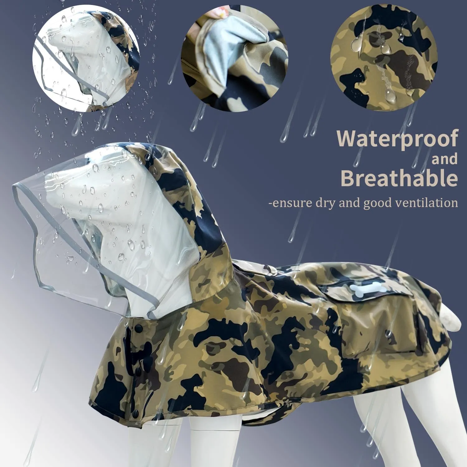 Waterproof Dog Raincoat, Adjustable Reflective Lightweight Pet Rain Clothes with Poncho Hood(Medium,Camo)