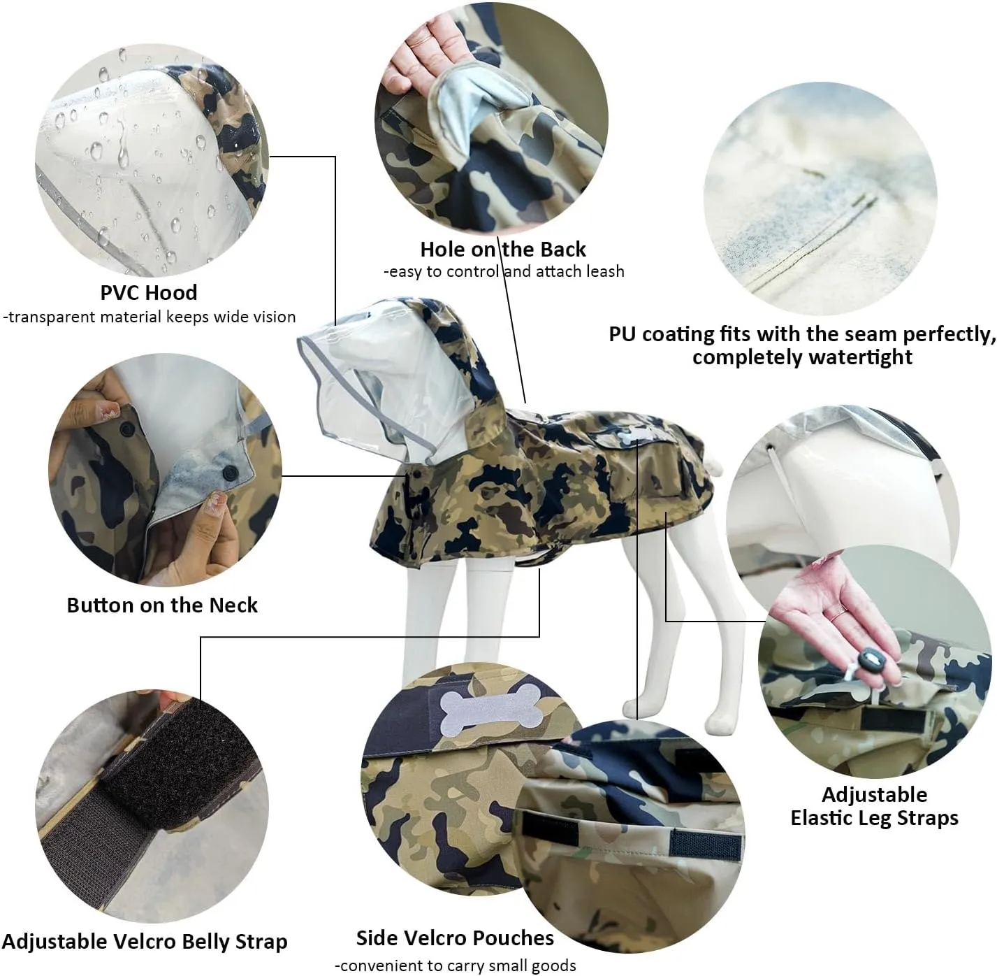Waterproof Dog Raincoat, Adjustable Reflective Lightweight Pet Rain Clothes with Poncho Hood(Medium,Camo)