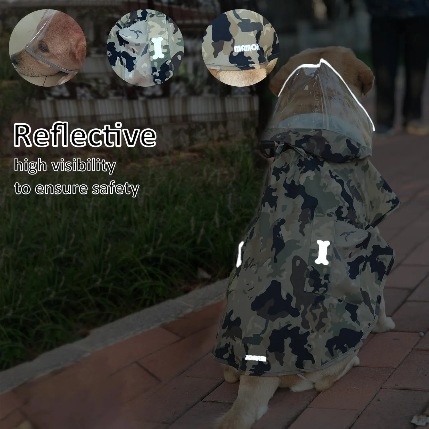 Waterproof Dog Raincoat, Adjustable Reflective Lightweight Pet Rain Clothes with Poncho Hood(Medium,Camo)