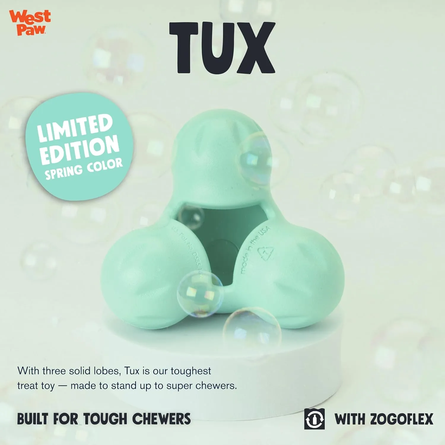 WEST PAW Zogoflex Tux Treat Dispensing Dog Chew Toy  Interactive Chewing Toy for Dogs  Dog Games for Aggressive Chewers, Fetch, Catch  Holds Kibble, Treats, Large 5", Mint
