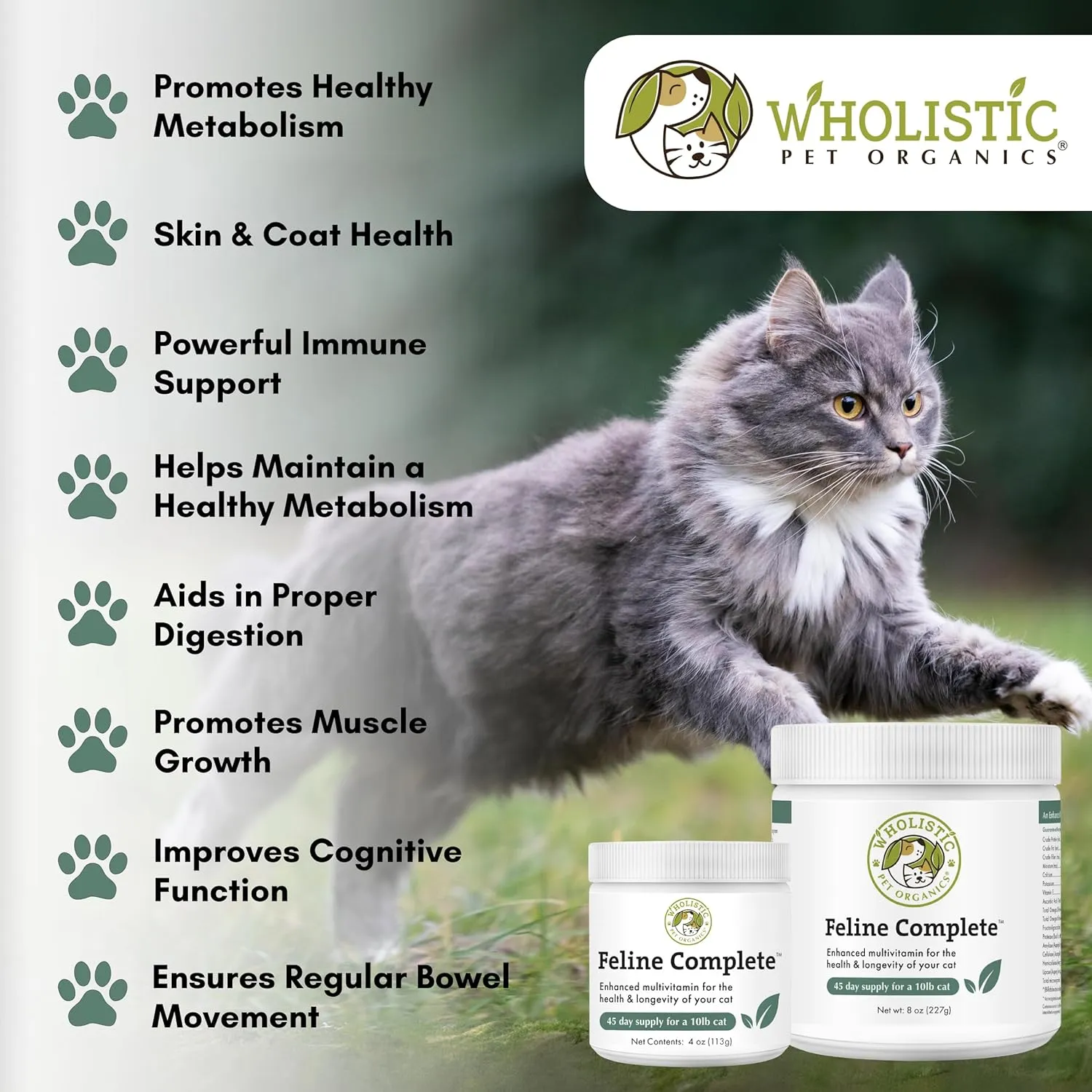 Wholistic Pet Organics Feline Complete - 8 Oz - Multivitamin & Probiotic Powder for Cats - Natural Cat Food & Digestive Support